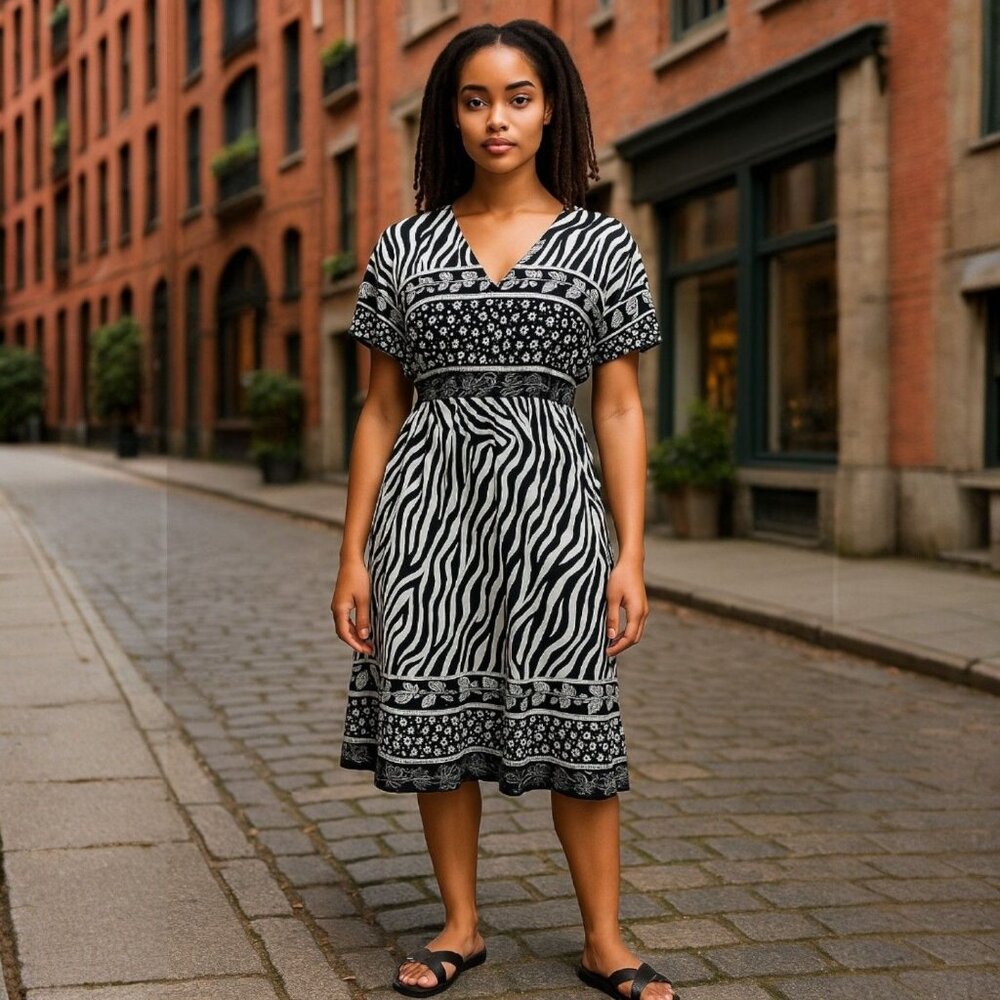 Lidy Zebra Floral Tassel Tie Maxi Dress Boho Resort Wear Black White‎ L XL